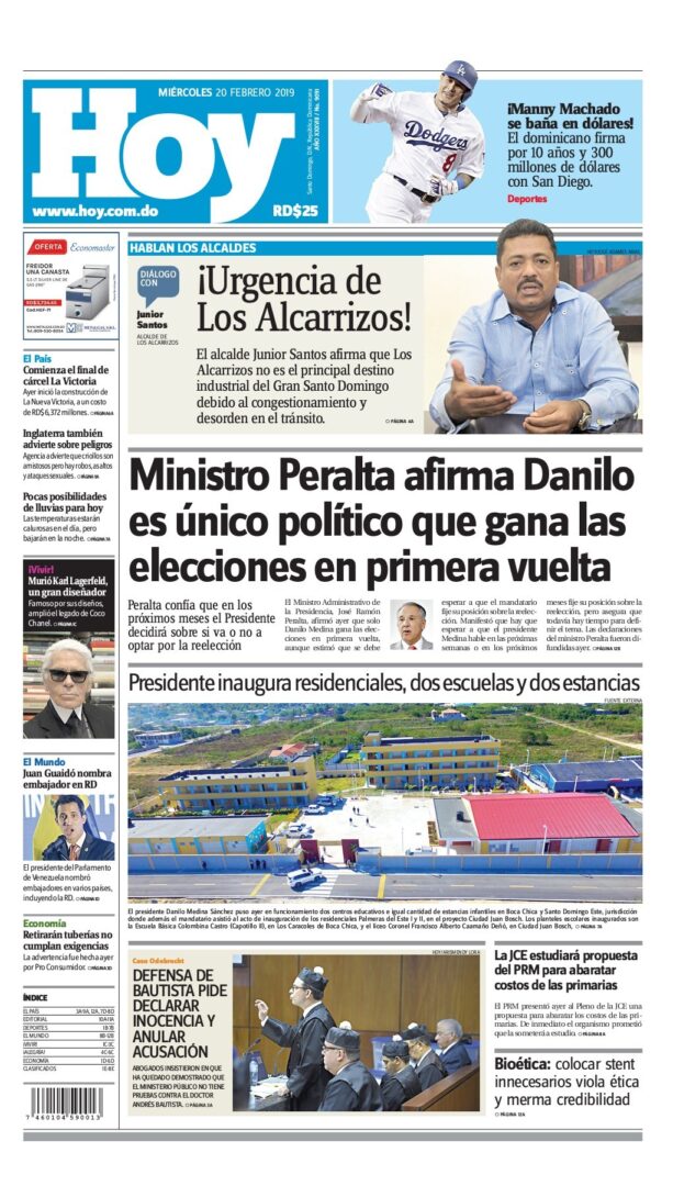 Portada Periódico Hoy, Miércoles 20 de Febrero 2019