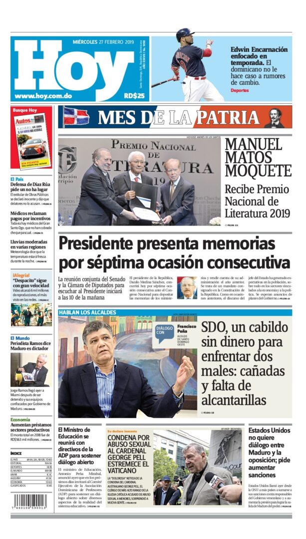 Portada Periódico Hoy, Miércoles 27 de Febrero 2019