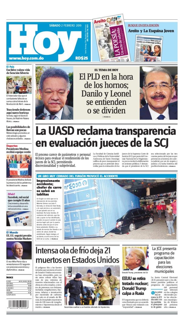 Portada Periódico Hoy, Sábado 02 de Febrero 2019