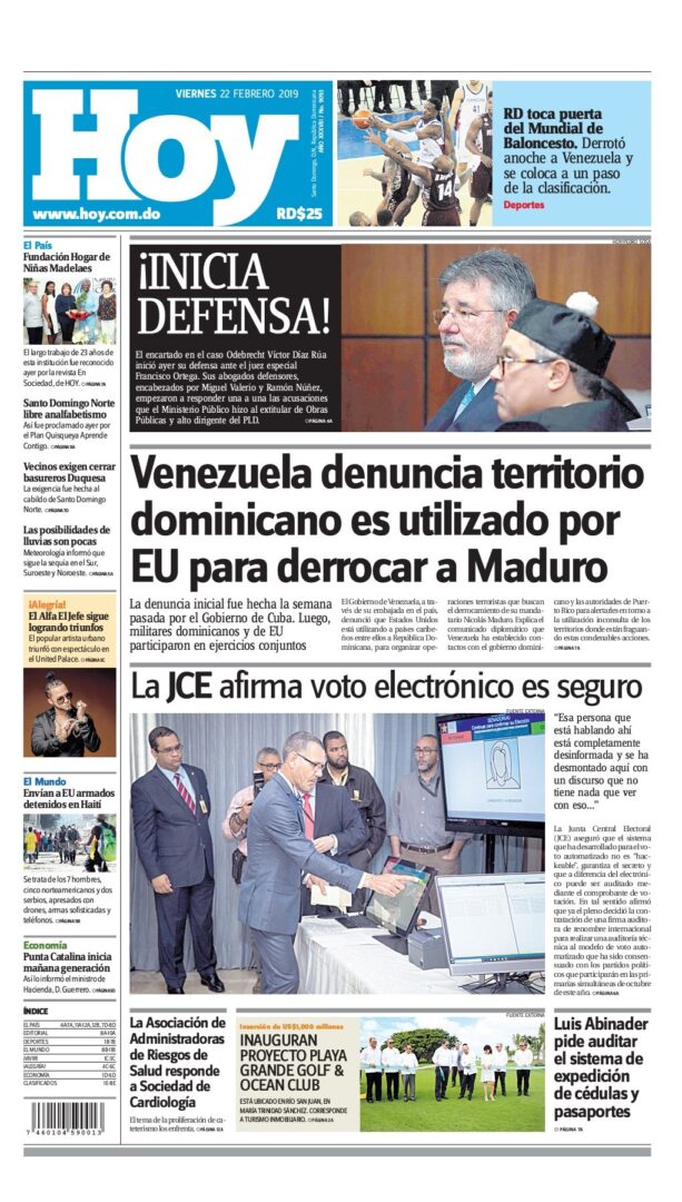 Portada Periódico Hoy, Viernes 22 de Febrero 2019