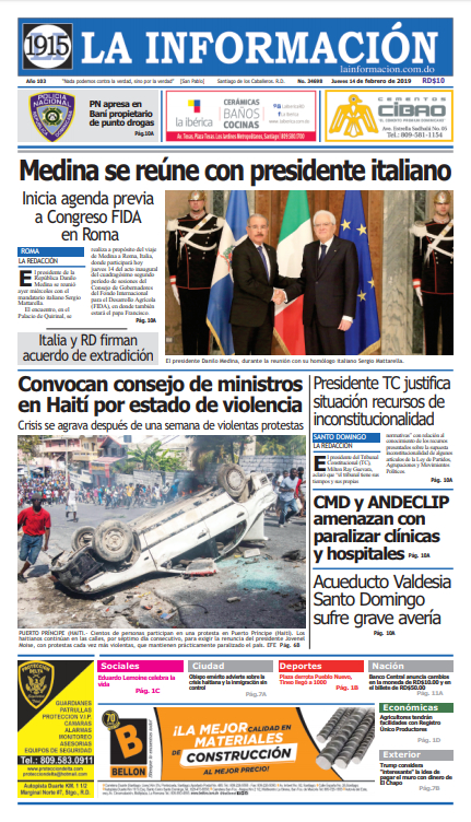 Portada Periódico La Información, Jueves 14 de Febrero 2019