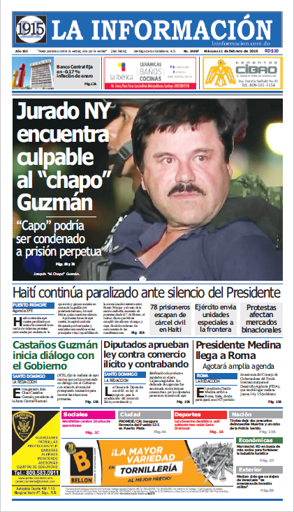 Portada Periódico La Información, Miércoles 13 de Febrero 2019
