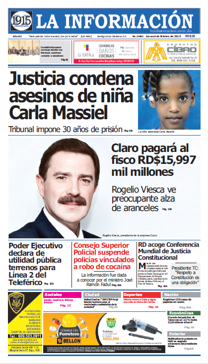 Portada Periódico La Información, Viernes 08 de Febrero 2019