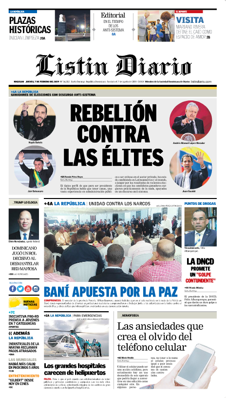 Portada Periódico Listín Diario, Jueves 07 de Febrero 2019
