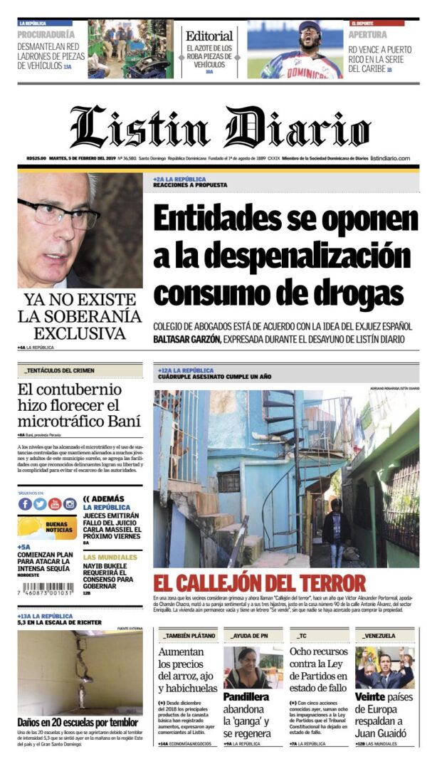 Portada Periódico Listín Diario, Martes 05 de Febrero 2019