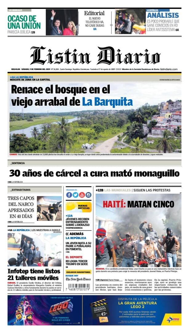 Portada Periódico Listín Diario, Martes 12 de Febrero 2019