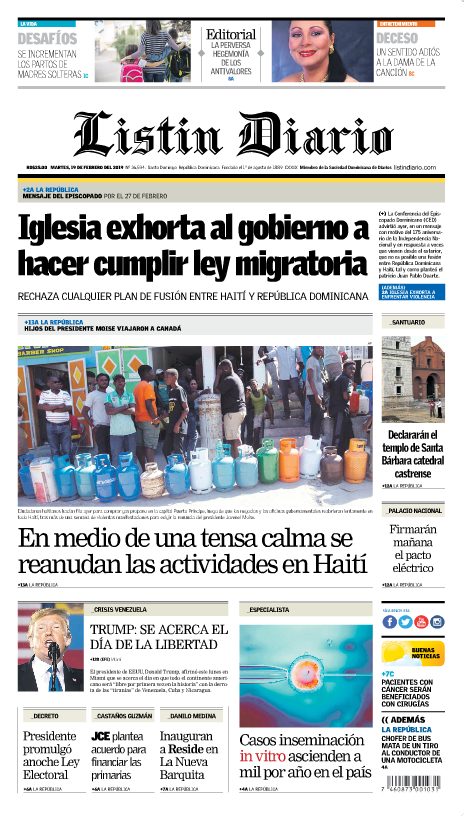 Portada Periódico Listín Diario, Martes 19 de Febrero 2019