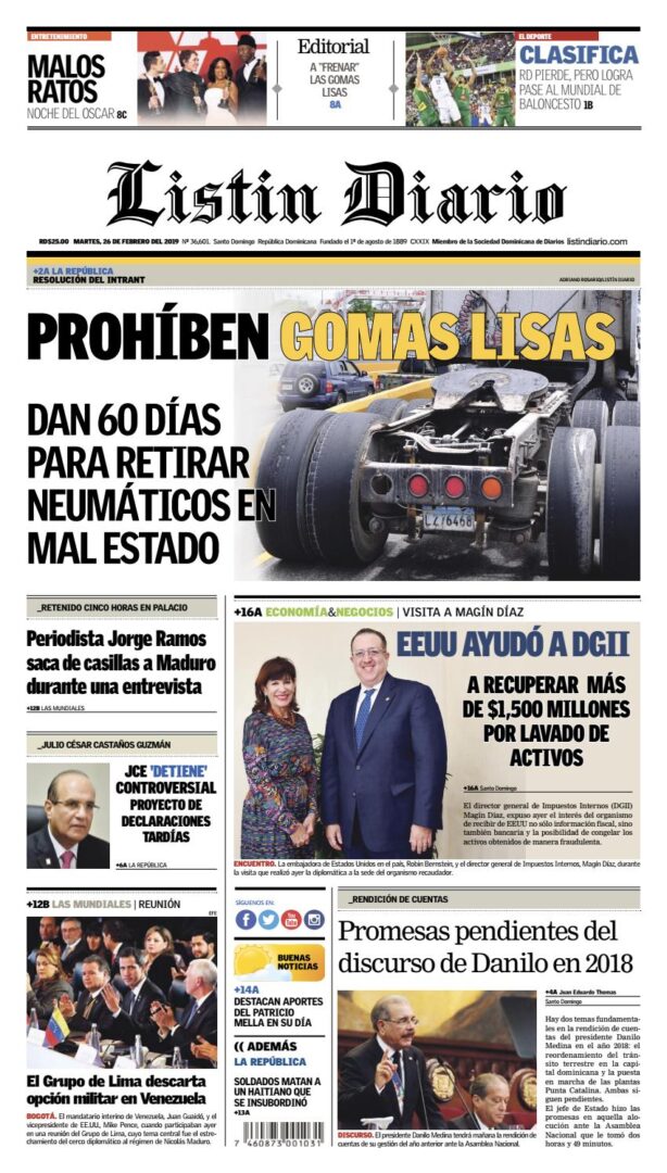 Portada Periódico Listín Diario, Martes 26 de Febrero 2019