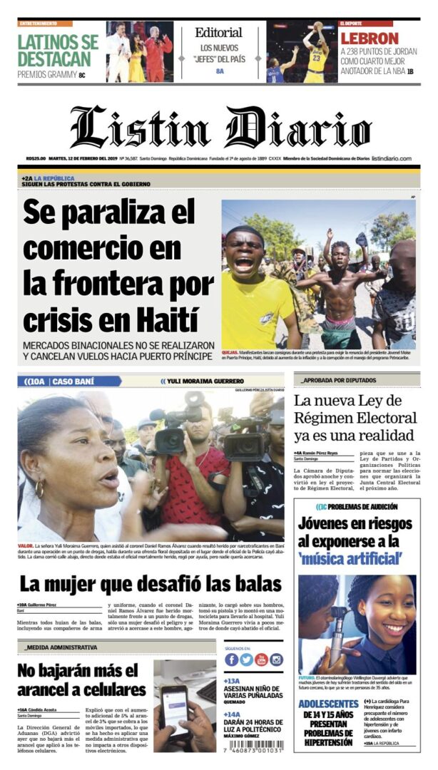 Portada Periódico Listín Diario, Miércoles 13 de Febrero 2019