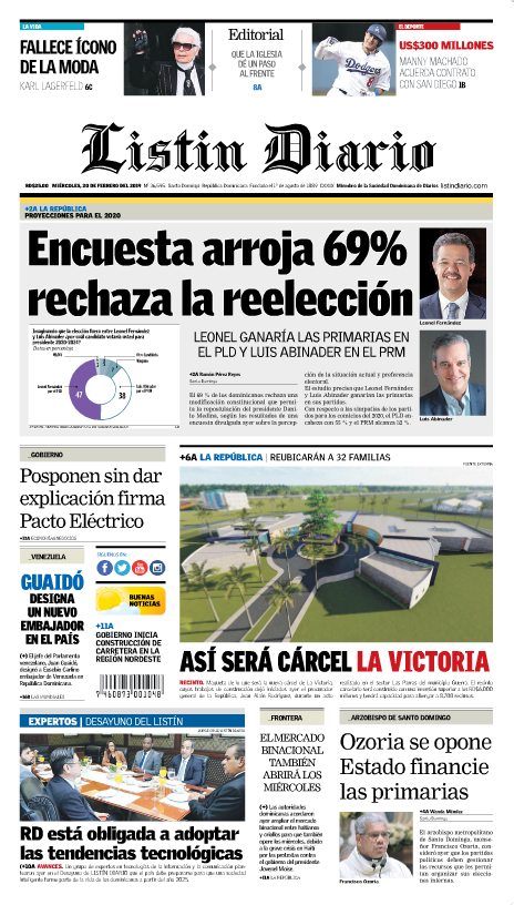 Portada Periódico Listín Diario, Miércoles 20 de Febrero 2019
