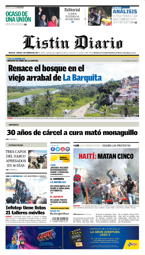 Portada Periódico Listín Diario, Sábado 09 de Febrero 2019