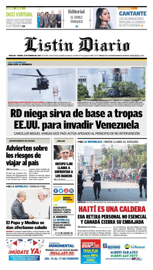 Portada Periódico Listín Diario, Viernes 15 de Febrero 2019