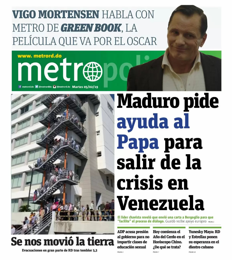 Portada Periódico Metro, Martes 05 de Febrero 2019