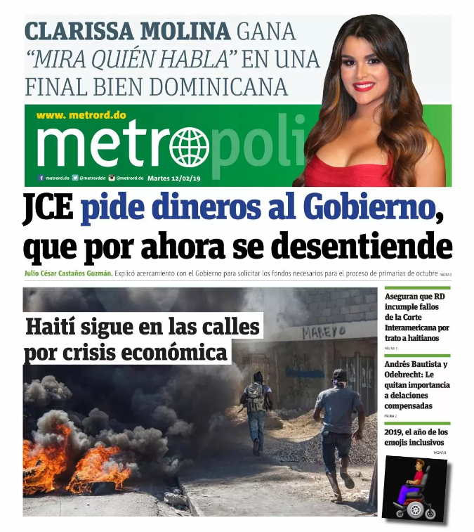 Portada Periódico Metro, Martes 12 de Febrero 2019
