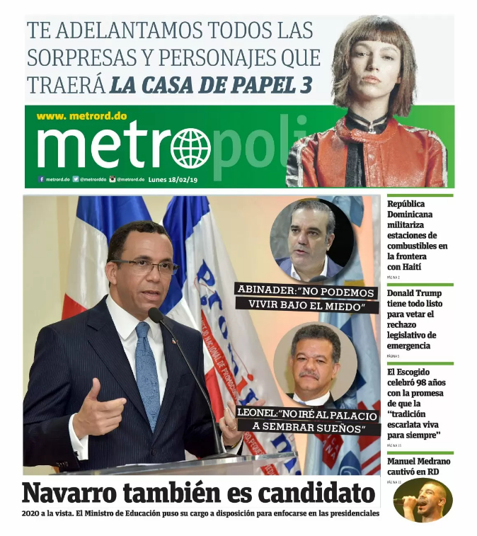 Portada Periódico Metro, Martes 19 de Febrero 2019