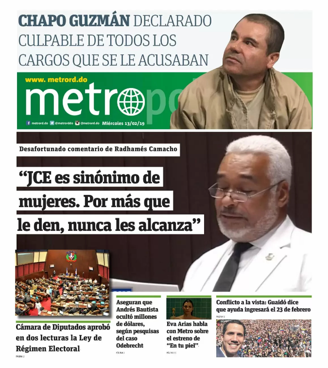 Portada Periódico Metro, Miércoles 13 de Febrero 2019