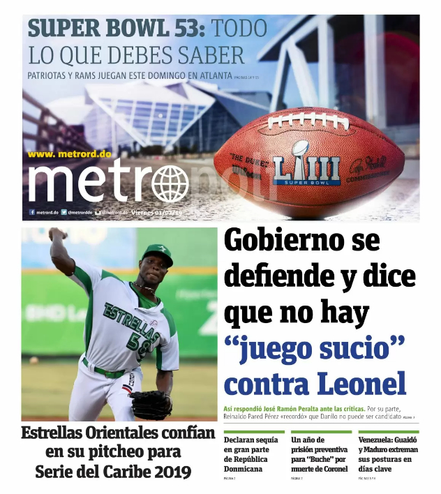 Portada Periódico Metro, Sábado 02 de Febrero 2019