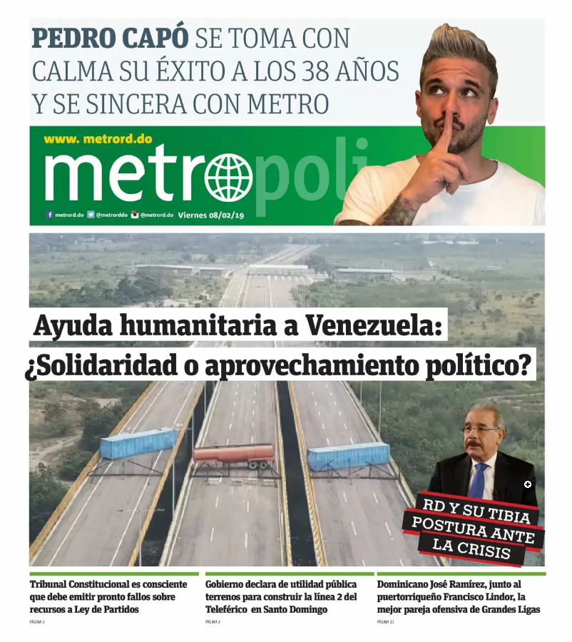 Portada Periódico Metro, Viernes 08 de Febrero 2019
