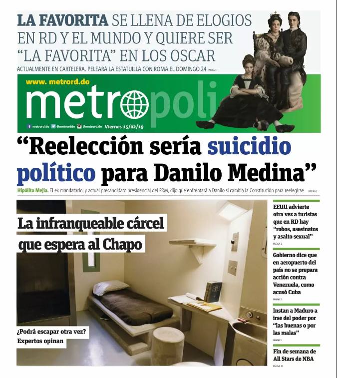 Portada Periódico Metro, Viernes 15 de Febrero 2019