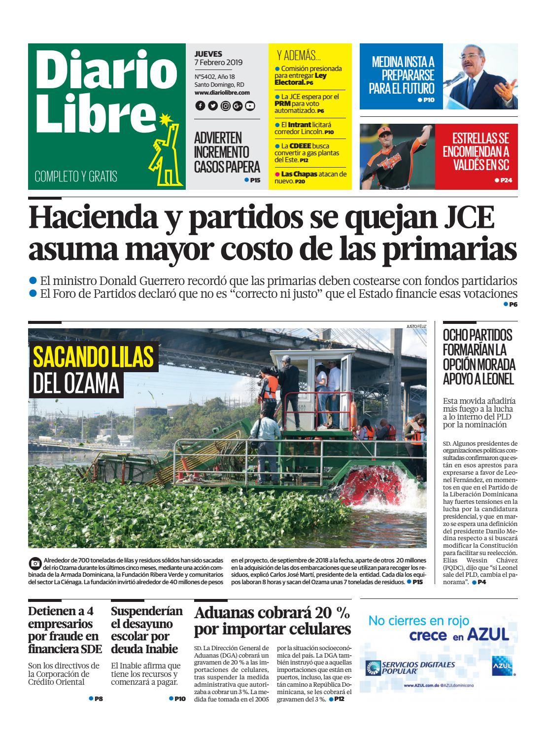 Portada Periódico Diario Libre, Jueves 07 de Febrero 2019