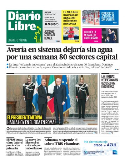 Portada Periódico Diario Libre, Jueves 14 de Febrero 2019