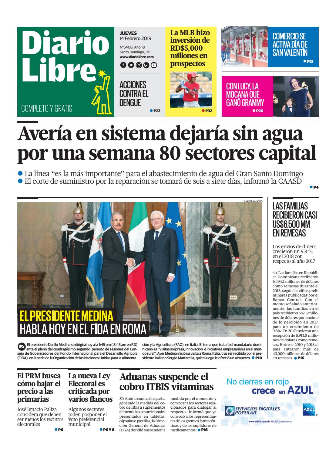Portada Periódico Diario Libre, Jueves 14 de Febrero 2019