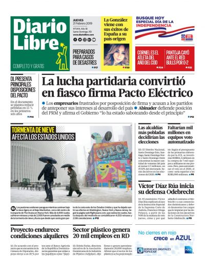 Portada Periódico Diario Libre, Jueves 21 de Febrero 2019