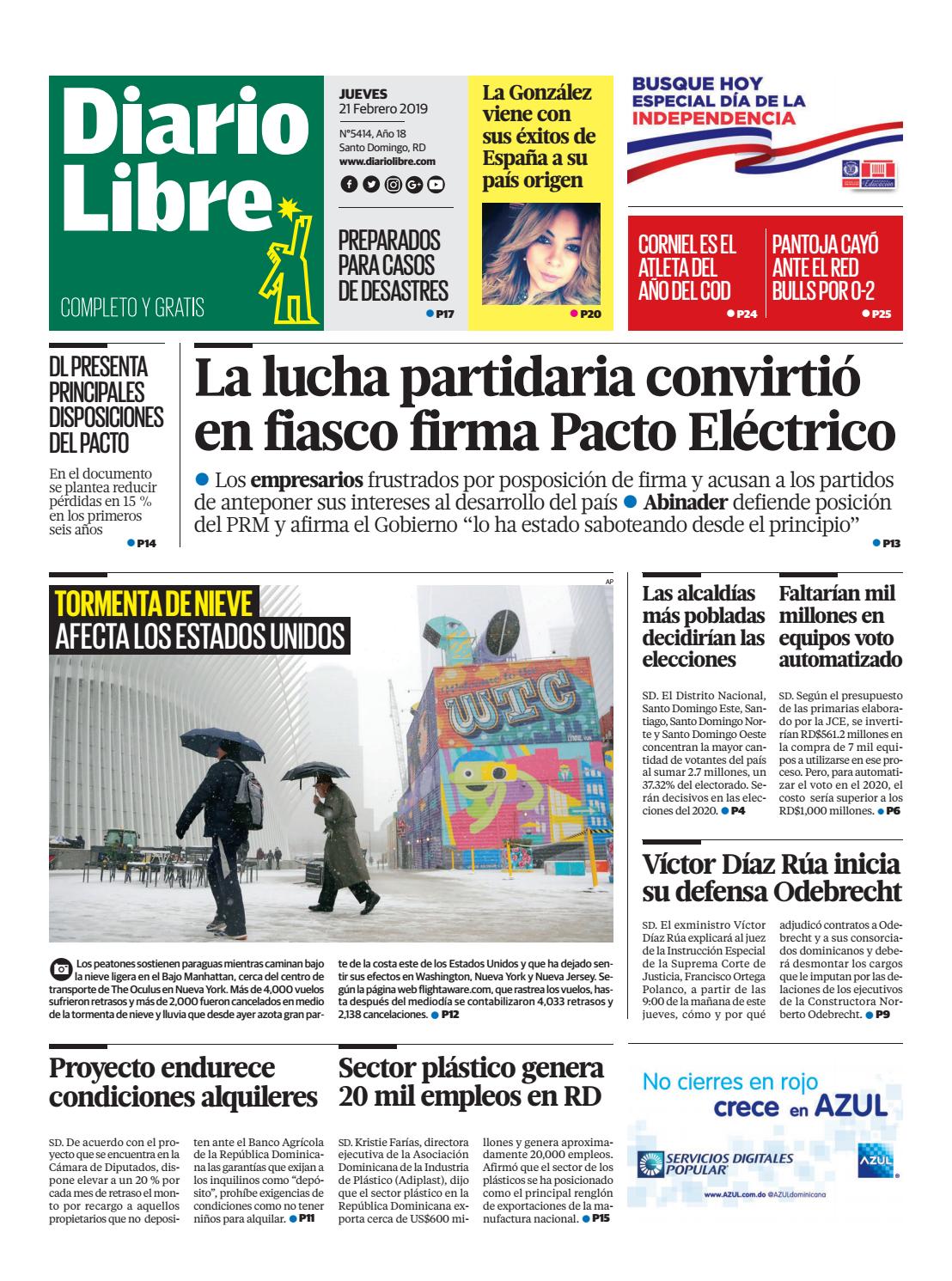 Portada Periódico Diario Libre, Jueves 21 de Febrero 2019