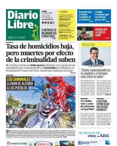 Portada Periódico Diario Libre, Lunes 04 de Febrero 2019