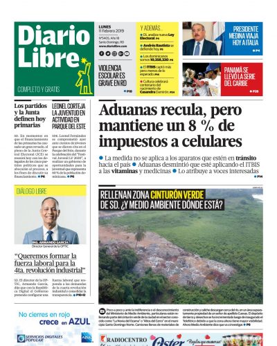 Portada Periódico Diario Libre, Lunes 11 de Febrero 2019