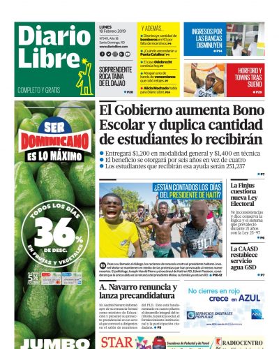 Portada Periódico Diario Libre, Lunes 18 de Febrero 2019