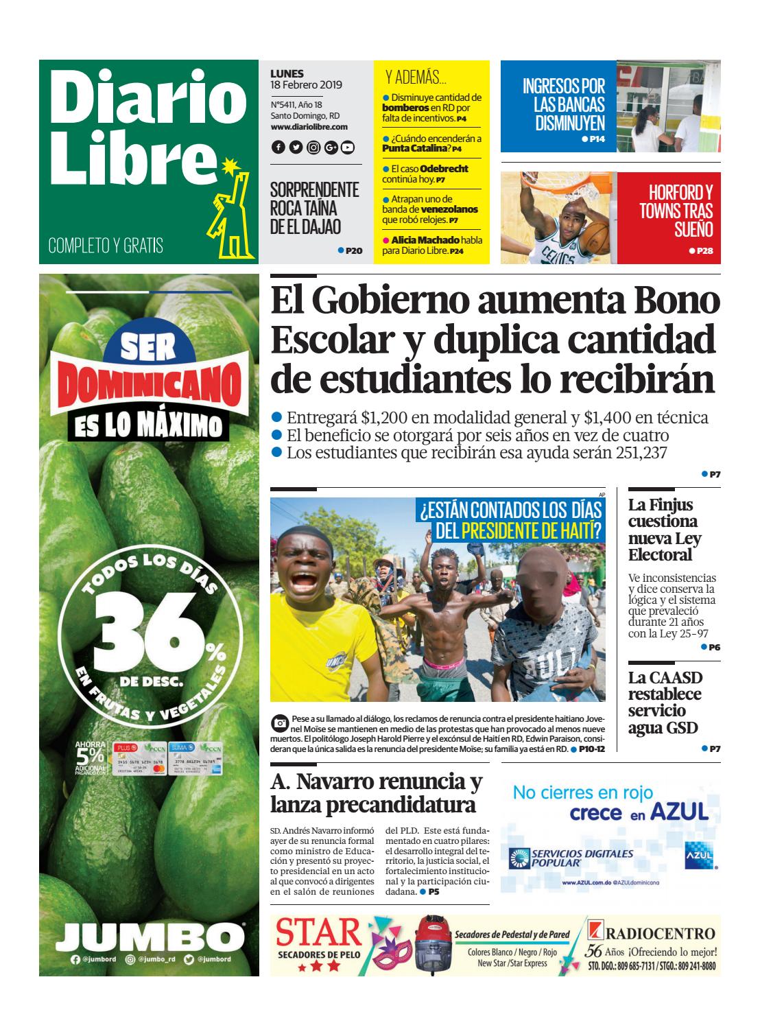 Portada Periódico Diario Libre, Lunes 18 de Febrero 2019