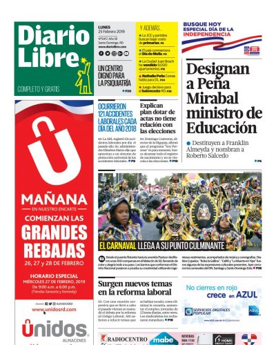 Portada Periódico Diario Libre, Lunes 25 de Febrero 2019