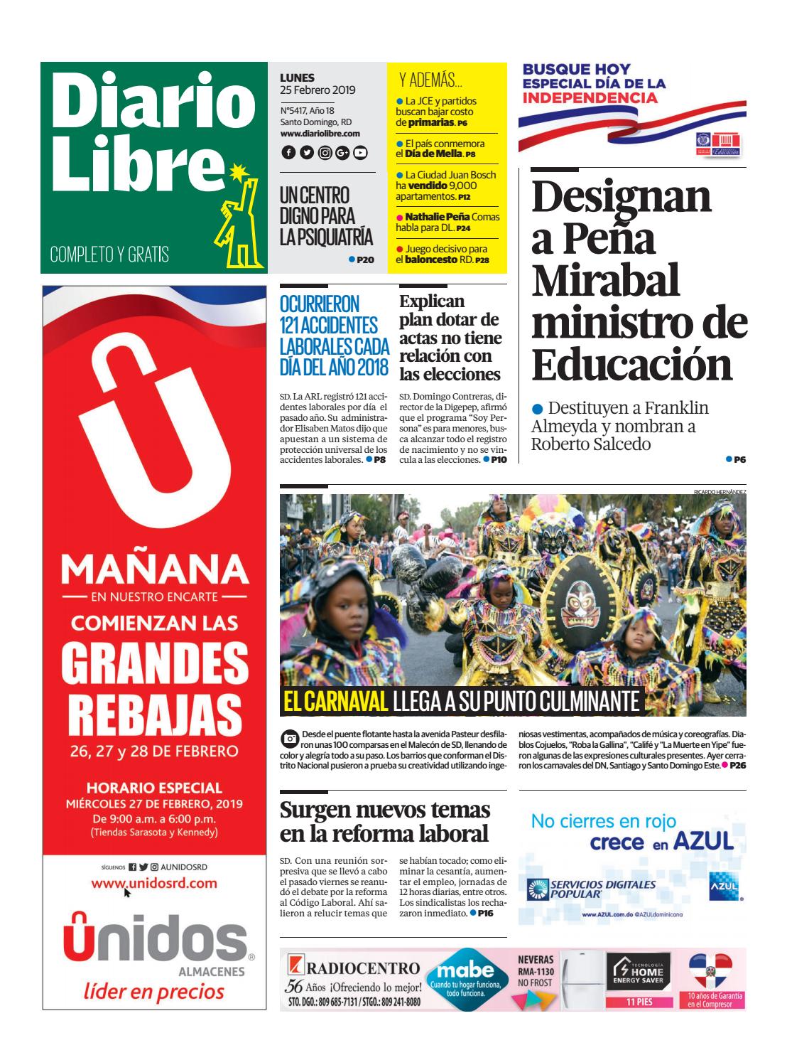 Portada Periódico Diario Libre, Lunes 25 de Febrero 2019