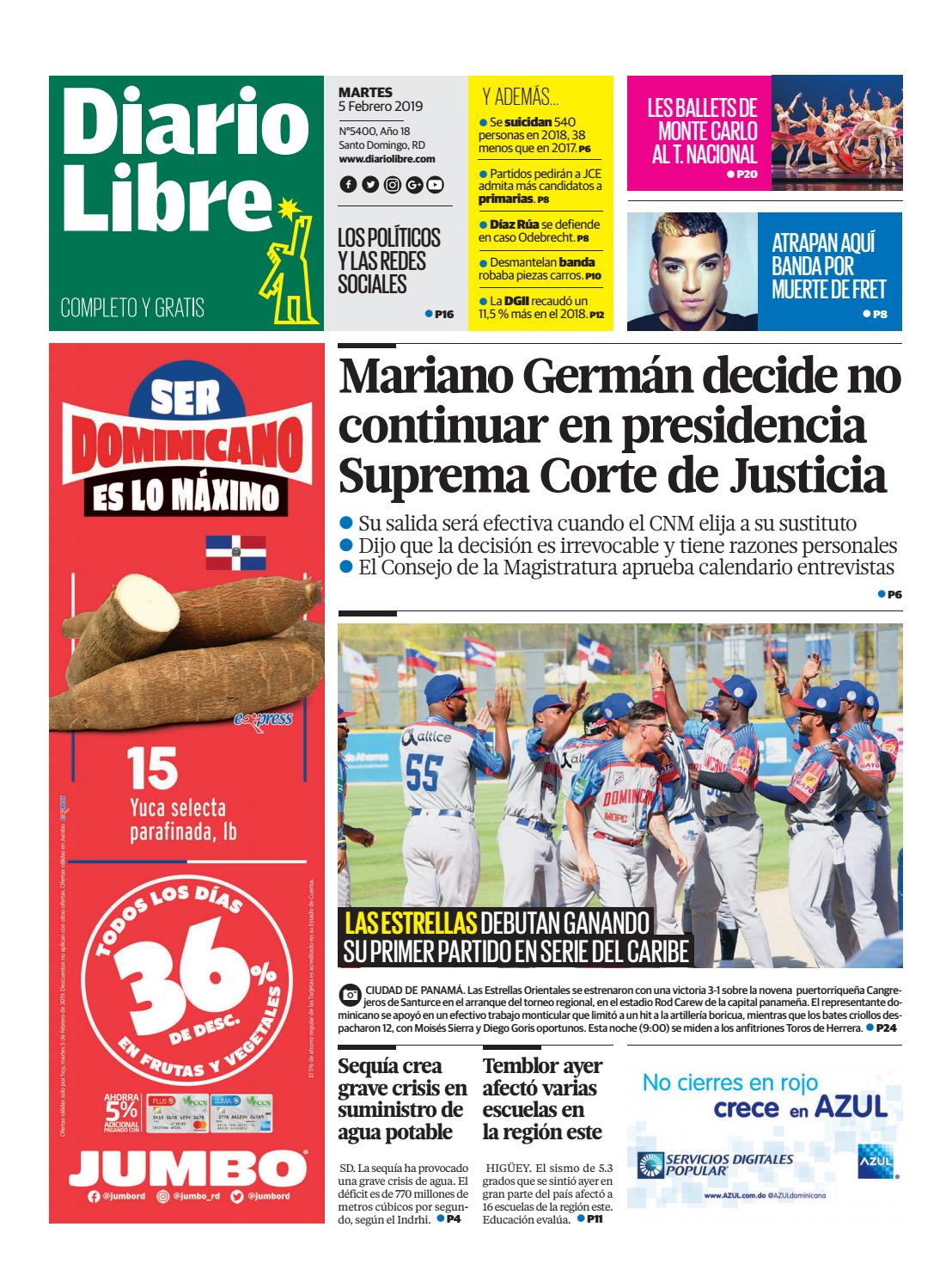 Portada Periódico Diario Libre, Martes 05 de Febrero 2019