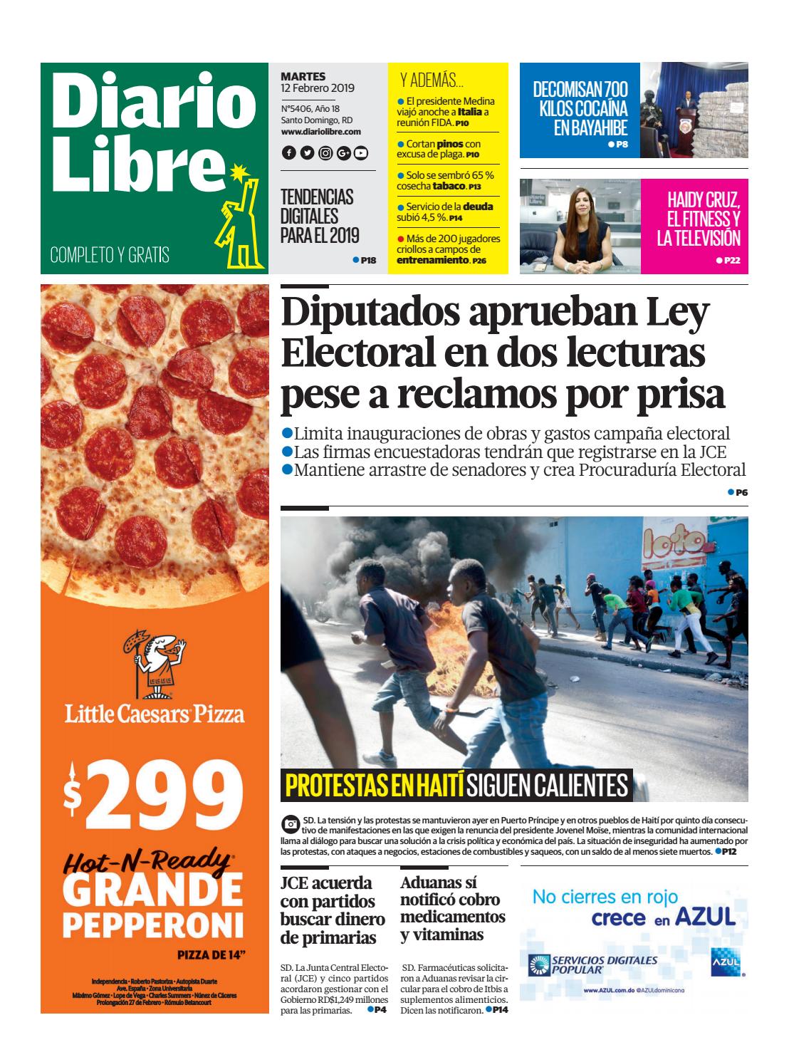 Portada Periódico Diario Libre, Martes 12 de Febrero 2019