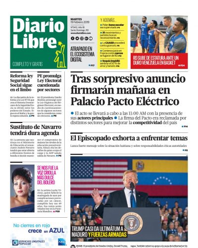 Portada Periódico Diario Libre, Martes 19 de Febrero 2019