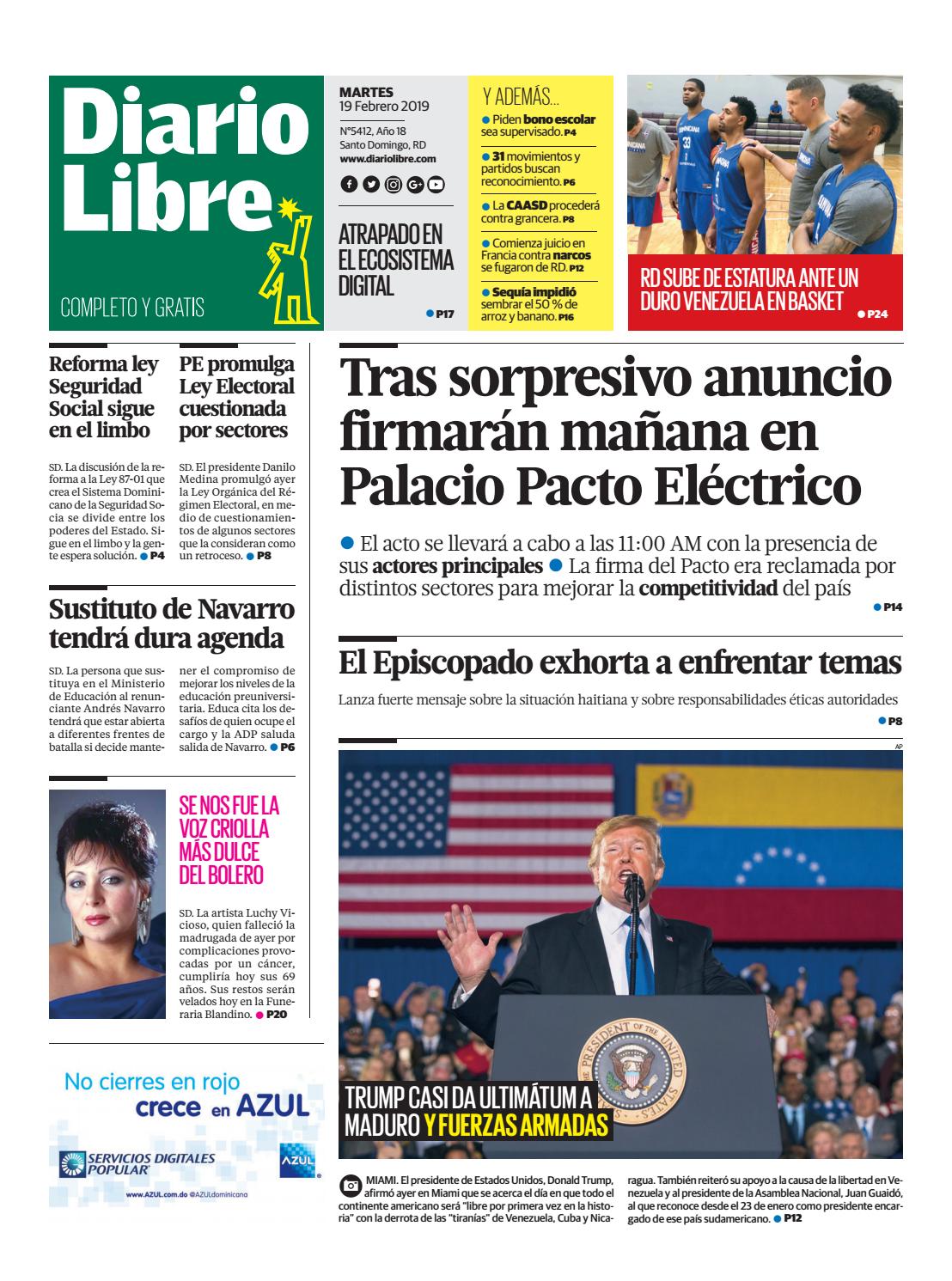 Portada Periódico Diario Libre, Martes 19 de Febrero 2019