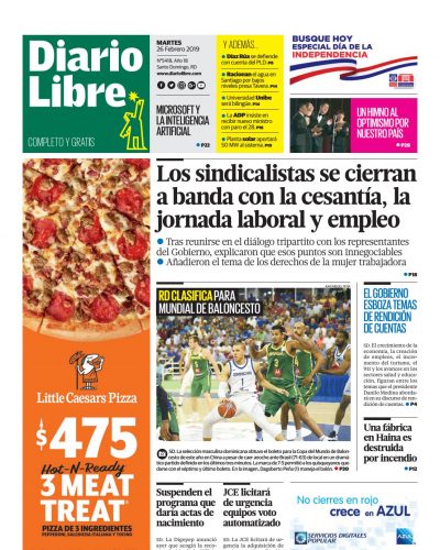 Portada Periódico Diario Libre, Martes 26 de Febrero 2019