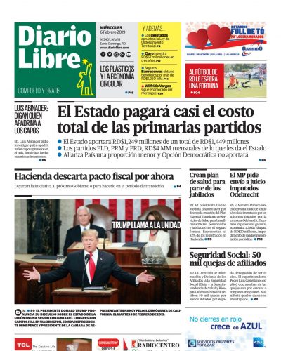 Portada Periódico Diario Libre, Miércoles 06 de Febrero 2019