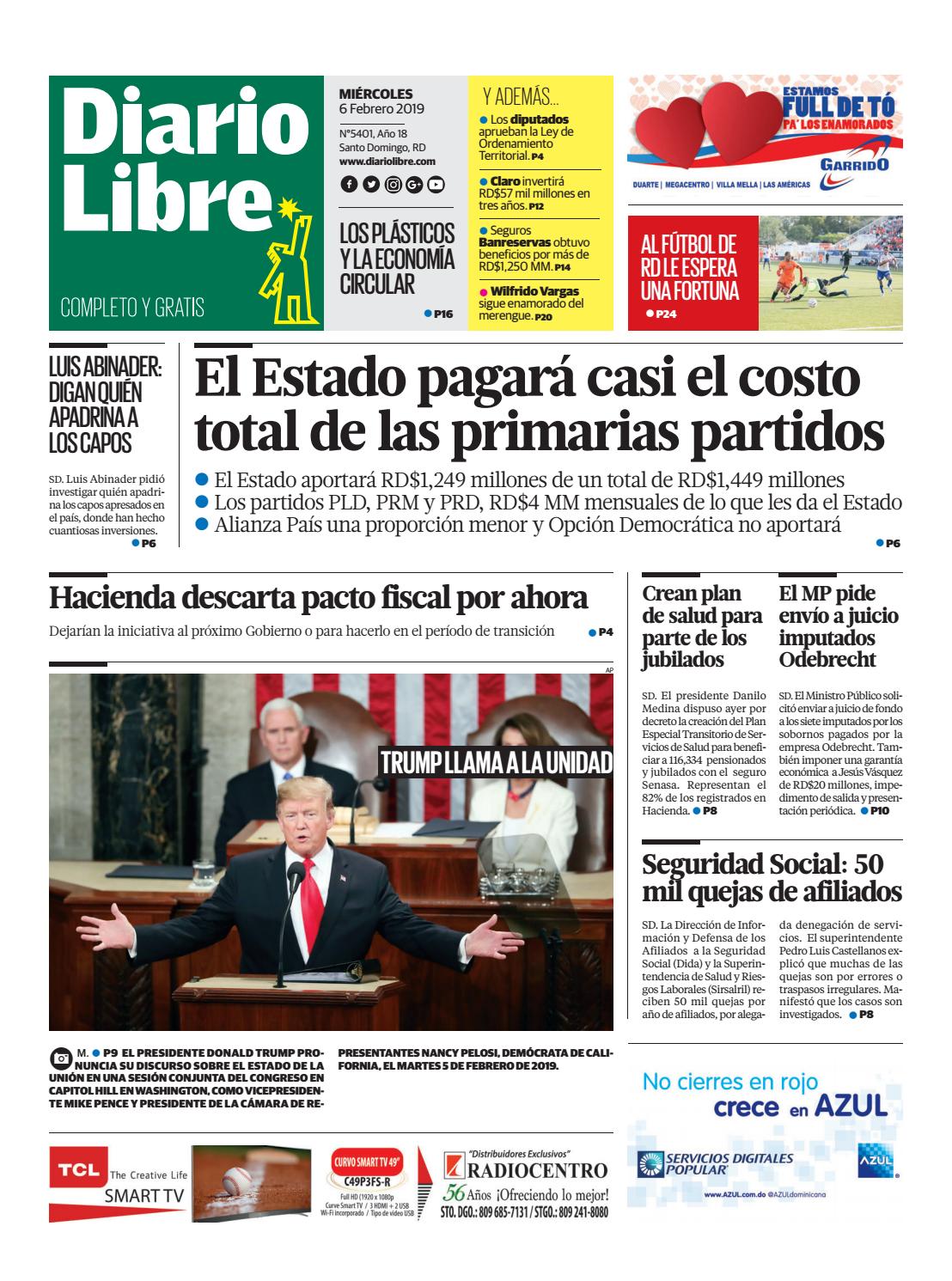 Portada Periódico Diario Libre, Miércoles 06 de Febrero 2019