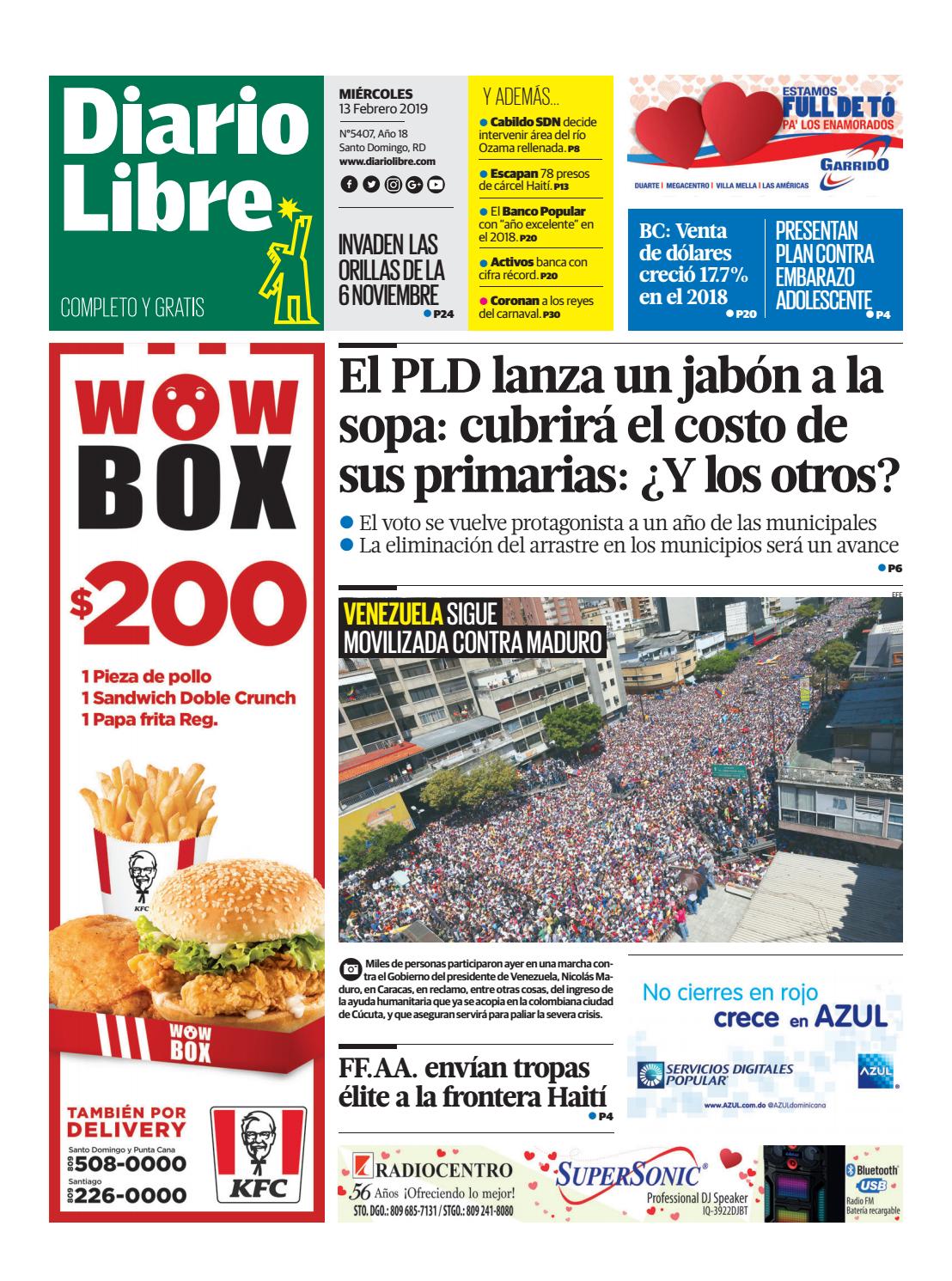 Portada Periódico Diario Libre, Miércoles 13 de Febrero 2019
