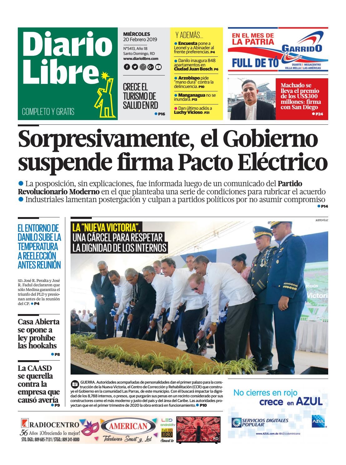 Portada Periódico Diario Libre, Miércoles 20 de Febrero 2019