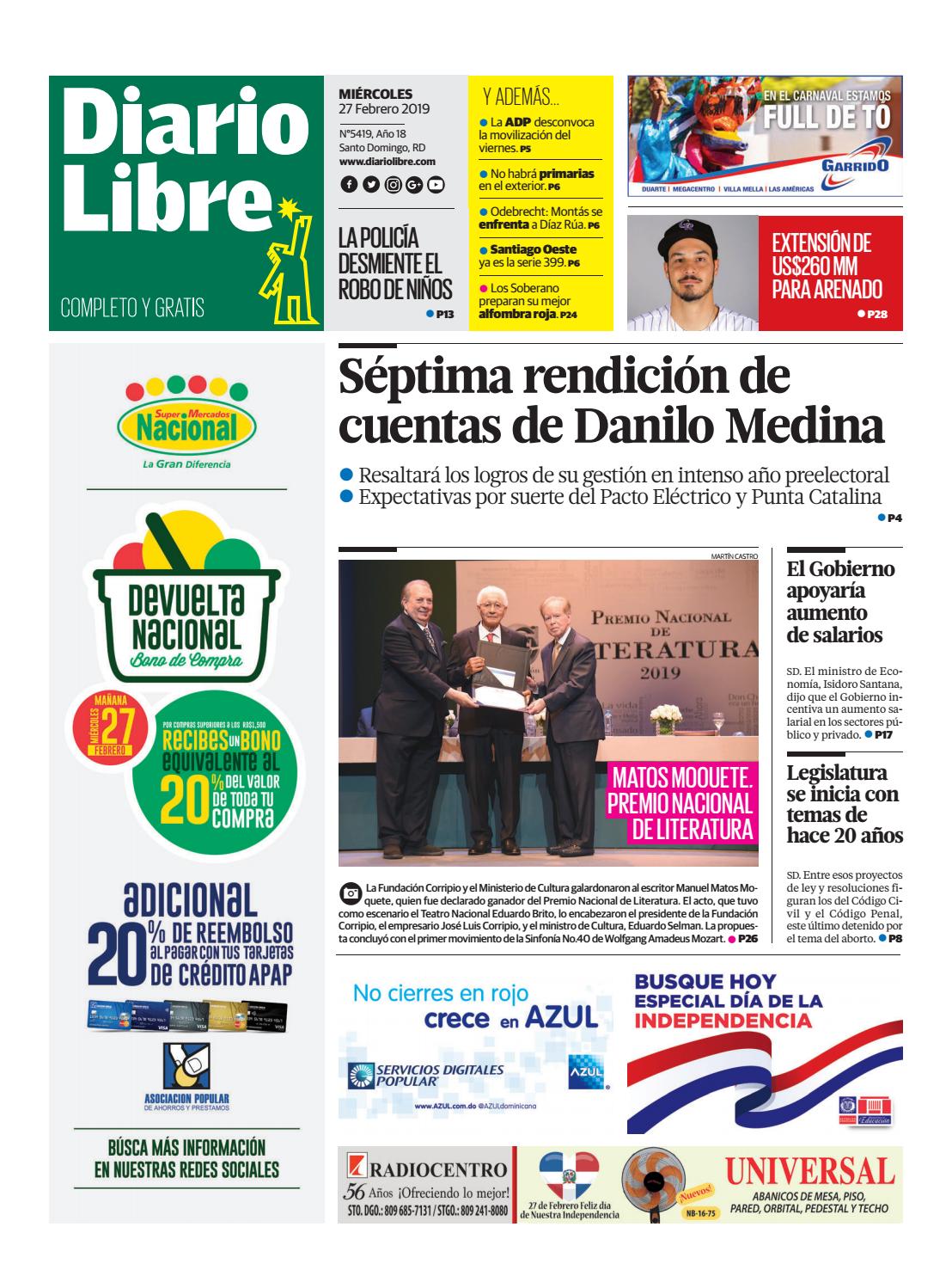 Portada Periódico Diario Libre, Miércoles 27 de Febrero 2019