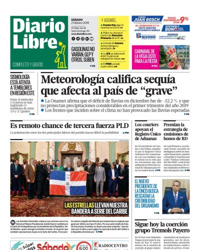 Portada Periódico Diario Libre, Sábado 02 de Febrero 2019