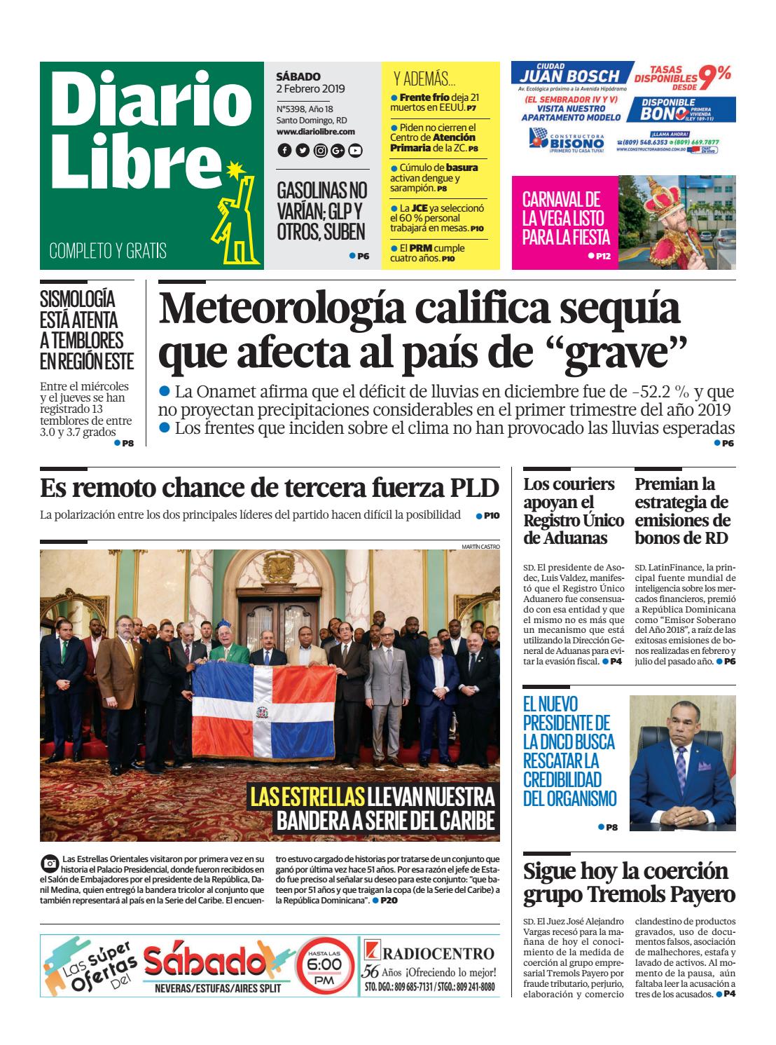 Portada Periódico Diario Libre, Sábado 02 de Febrero 2019