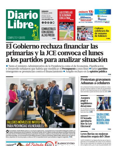 Portada Periódico Diario Libre, Sábado 09 de Febrero 2019