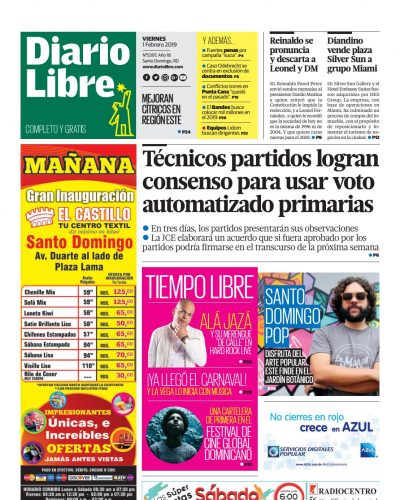 Portada Periódico Diario Libre, Viernes 01 de Febrero 2019