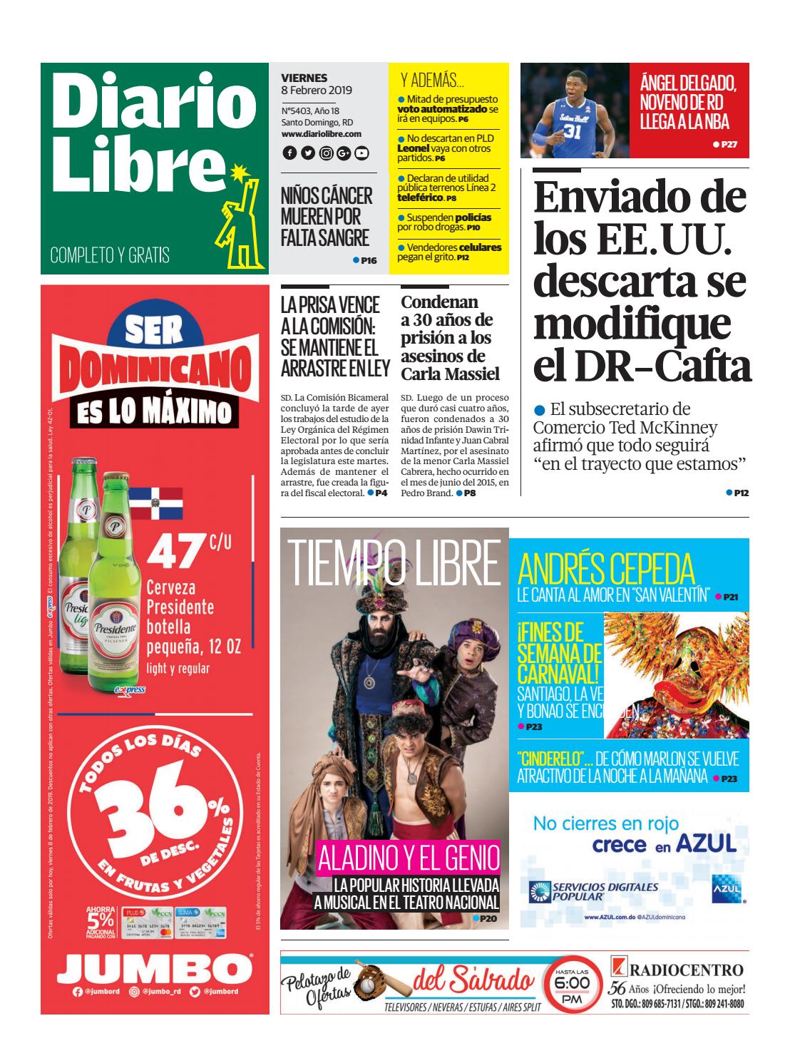 Portada Periódico Diario Libre, Viernes 08 de Febrero 2019
