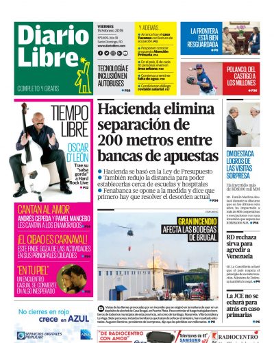 Portada Periódico Diario Libre, Viernes 15 de Febrero 2019